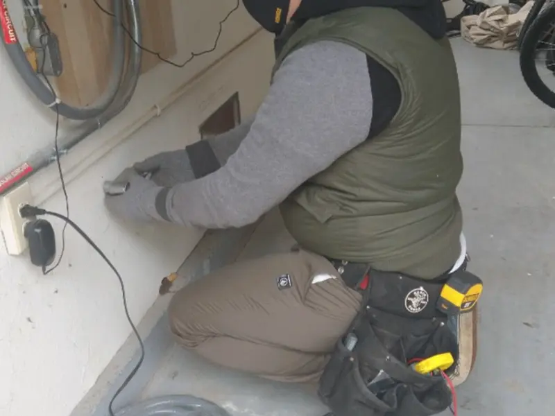 Electrician performing outlet wiring in a Tillmans Corner garage